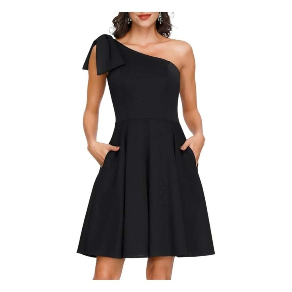 Jasambac Black One Shoulder Bow Cocktail Dress Pockets XL A Line LBD HOCO Chic